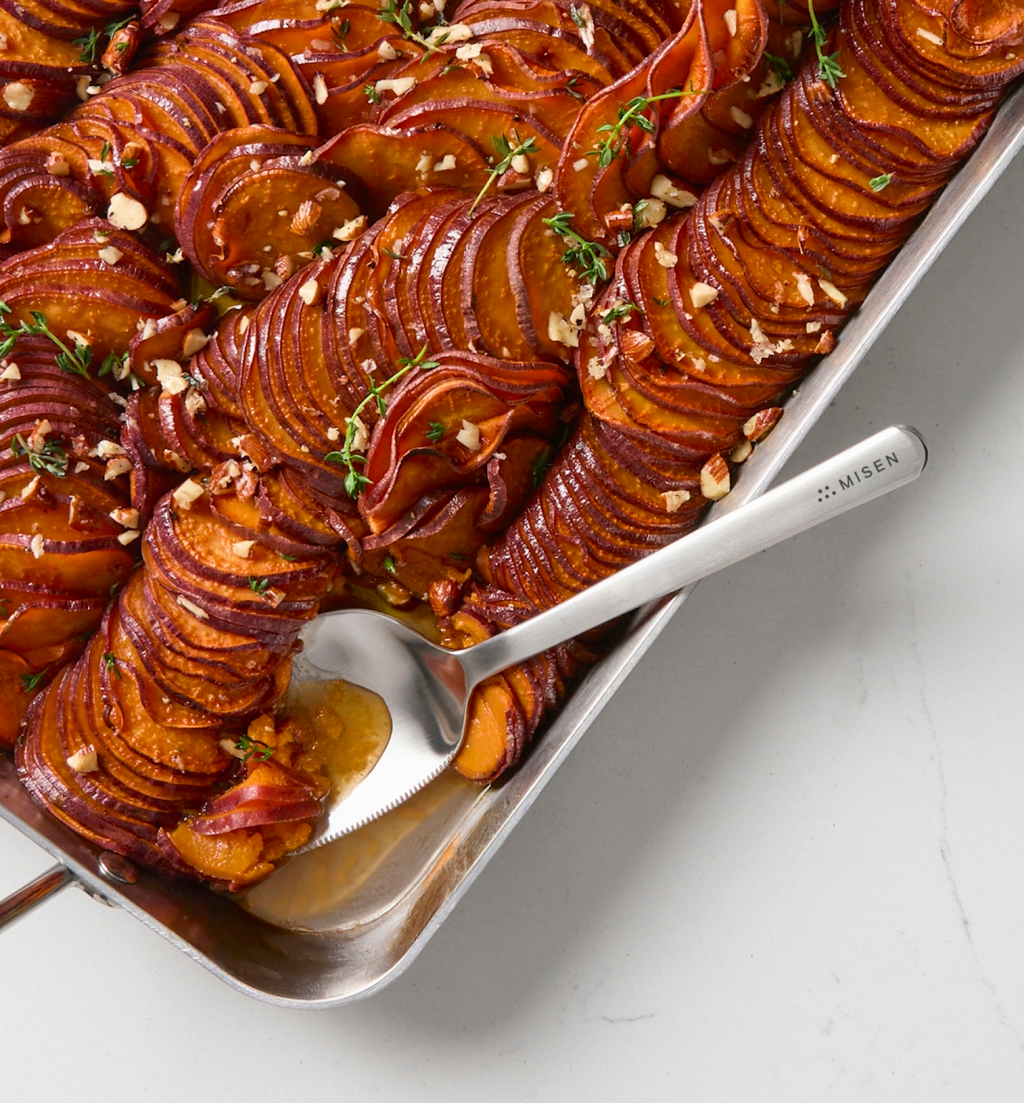 Roasted sweet potato gratin with thyme and pecans in Misen stainless steel pan